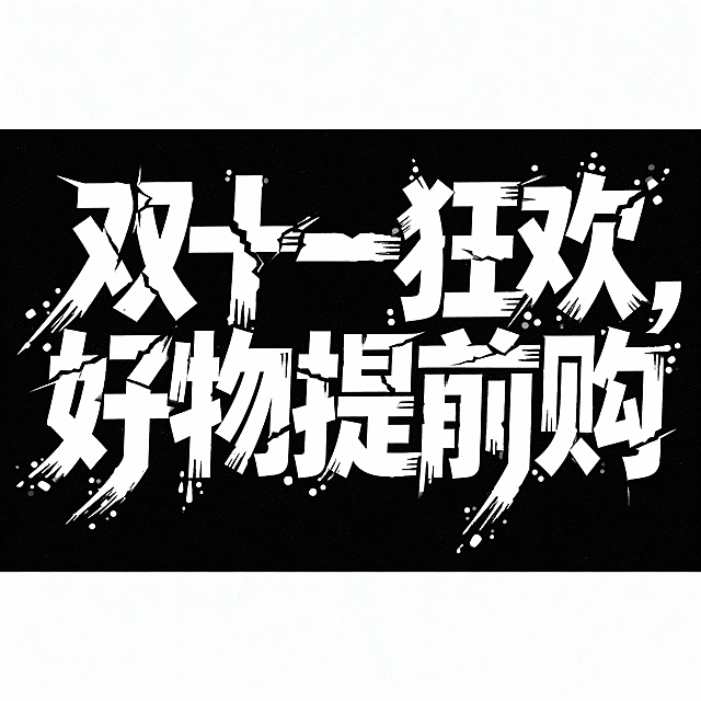 创意断裂风格字体设计，“双十一狂欢，好物提前购”，字体粗细对比强烈，笔画夸张，带断点与连笔，动作伸展，造型不规则，极富表现力，黑色背景，白色字体