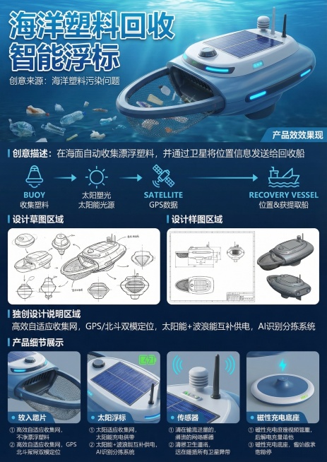 「图片1」海洋塑料回收智能浮标：在海面自动收集漂浮塑料，并通过卫星将位置信息发送给回收船。根据此创意仿照上面图片设计海报，内容可包含（但不限于）：作品名称、创意来源、创意描述、设计草图、设计样图、独创预览效果