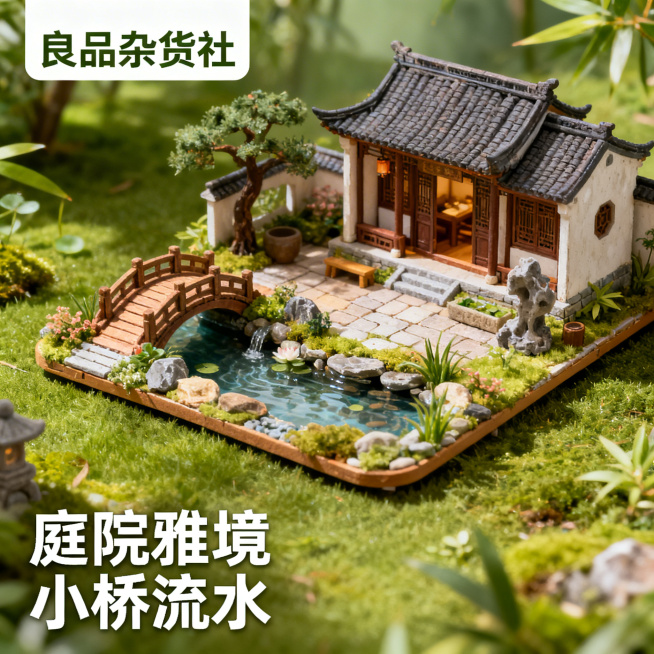 淘宝主图，古风DIY小屋，展示小屋的庭院小桥流水景观，清新雅致氛围，左上角标注“良品杂货社”，下方配文案“庭院雅境 小桥流水”，风格清新自然预览效果