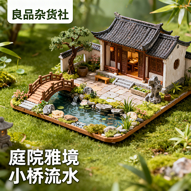 淘宝主图，古风DIY小屋，展示小屋的庭院小桥流水景观，清新雅致氛围，左上角标注“良品杂货社”，下方配文案“庭院雅境 小桥流水”，风格清新自然