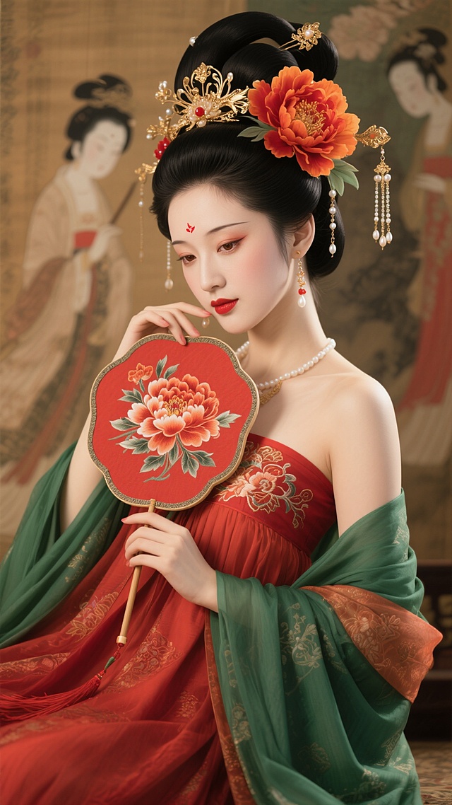 工笔风仕女图，刺绣与油画质感交融，古典中式美学尽显优雅与唯美，浮雕式发饰点缀，尽展传统节日华韵。