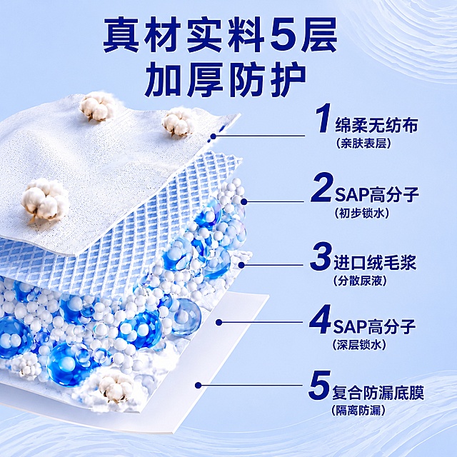 基于原图，调整构图为1:1的正方形主图比例，保留原图所有文字、产品结构、棉花元素和蓝色系风格，合理排版核心五层结构内容，保证画面高清不模糊、文字无变形融边，整体风格和原图保持一致不改动，让五层核心卖点在正方形画布中居中舒展、视觉聚焦。原图内容：真材实料5层，加厚防护，分别为1绵柔无纺布亲肤表层、2SAP高分子初步锁水、3进口绒毛浆分散尿液、4SAP高分子深层锁水、5复合防漏底膜隔离防漏