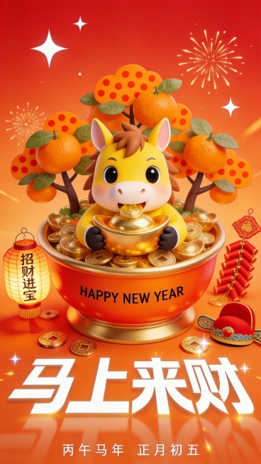 画面以高饱和度的橘红与金色为主调，洋溢糖果色的多巴胺欢乐气息。背景橘红色，点缀着白色的四角星与放射状烟花图标。

主体是一个橘红色描金的聚宝盆，盆侧印有微小的黑色无衬线英文“HAPPY NEW YEA预览效果