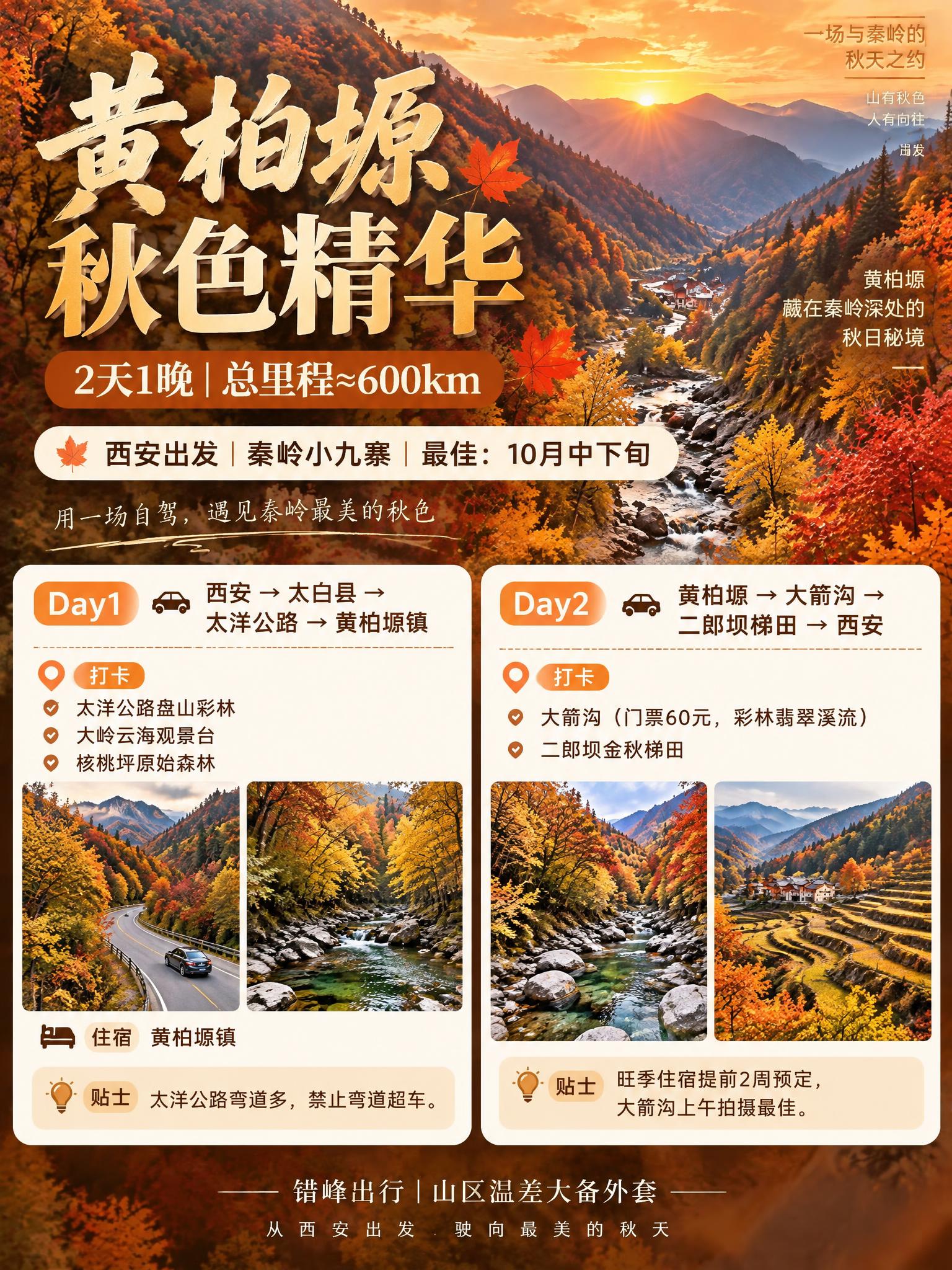 参考这张秦岭赏秋合集海报的整体版式、设计风格、秋日暖橙金棕色调… - 图片创意预览