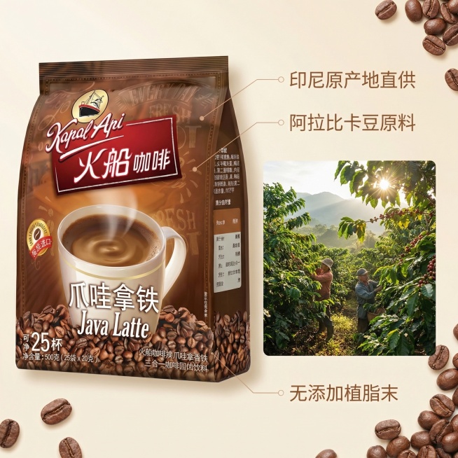 基于图中火船爪哇拿铁咖啡产品，生成核心卖点溯源电商主图，产品外观与原图100%一致，画面左侧为火船爪哇拿铁咖啡袋，右侧搭配印尼咖啡种植园实景小图，周围摆放饱满的印尼咖啡豆，暖金色自然光线。用极细引线分预览效果