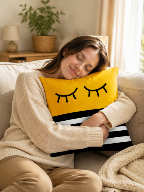Main image 5: Scene display of people using pillow cover. Show a girl leaning on this yellow striped预览效果