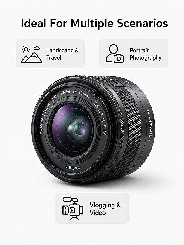 [第6屏] Scene Compatibility - Canon EF-M 15-45mm f/3.5-6.3 Is Stm Multi-Scenario Adaptation.
[氛围/风格] Minimalist product collage, simple professional layout, focuses on product and scenario labels, no complex distracting elements.
[元素布局] The EF-M 15-45mm lens is placed in the center of the screen, using [image6] 45-degree main view, maintaining the original black body structure, logo, zoom ring and all details consistent with the original image. Three scenario labels are placed around the center lens, arranged in a triangular layout. Each label is a rounded rectangle card with an icon and text. The lens occupies 60% of the central area, and the labels are evenly distributed around.
[光影质感] Soft main light from the upper left, highlights the lens's metal and rubber texture, natural shadow in the lower right, the overall picture is clear and layered, product details are clearly visible.
[配色色系] Global background color: #F8F8F8 (off-white); lens body: black; label background: #EEEEEE (light gray); text color: #111111 (dark gray).
[视角构图] Centered product perspective, triangular label layout, symmetrical and stable, clear primary and secondary.
[文字版式] Title at the top "Ideal For Multiple Scenarios", the first letter of each main word is capitalized. Three labels around: 1. Top left: Landscape & Travel, 2. Top right: Portrait Photography, 3. Bottom: Vlogging & Video. Each label has a small corresponding icon on the left, text on the right, uniform size, neat arrangement, all text is clear and readable.
[比例分辨率] 3:4 vertical ratio, 2K resolution, all text is clear and readable.
[负向提示词] Deformed lens, missing parts, wrong structure, color deviation, watermark, text confusion, blurred product image, Chinese characters, complex distracting backgrounds, cluttered layout.