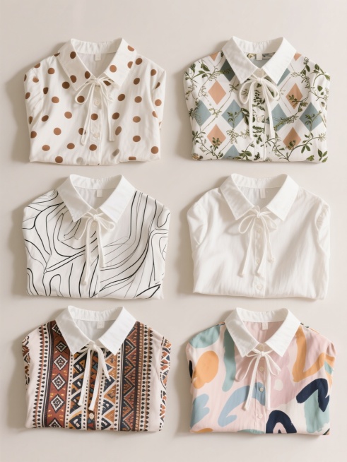 6件保持相同宽松版型、白色翻领、白色系带设计的女式衬衫，分别采用6种完全不同的花纹：1. 复古波点纹，2. 几何菱形纹，3. 植物藤蔓纹，4. 抽象线条纹，5. 民族风图腾纹，6. 艺术涂鸦纹，整体色彩变换为柔和马卡龙色系，纯色背景，服装平铺展示，光线均匀柔和，阴影细腻自然，6件衬衫呈2行3列规整排布，保持电商服装展示图的清晰写实风格和专业质感。预览效果