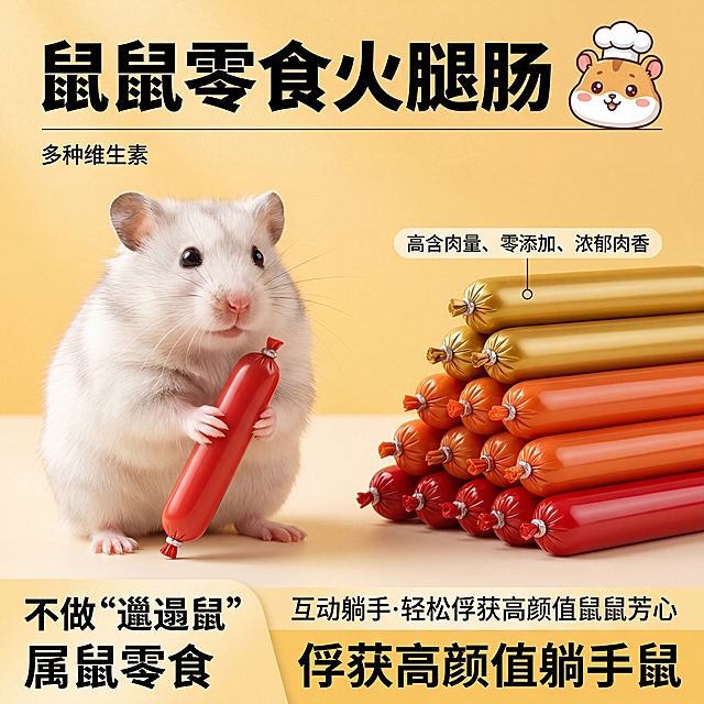 语迪品牌仓鼠零食电商主图海报1:1，主题"属鼠零食 醇厚肉香"。核心主体：左侧一只白色仓鼠，双手捧着一根火腿肠；右侧是鼠条零食火腿肠产品展示，右上角还有一只Q版卡通仓鼠头像。产品细节标注"高含肉量、零添加、浓郁肉香"。场景设定：明亮的宠物零食电商主图场景，背景为渐变暖黄色，干净简洁，突出产品主体，无多余杂物。风格参考：清新可爱的宠物食品电商海报风格，写实+卡通结合，主体仓鼠为写实质感，右上角仓鼠为Q版卡通风格，拼多多/淘宝宠物零食主图风格，高清商业摄影质感。色调色彩：主色调为暖黄色、浅橙色，搭配白色、粉色点缀，整体明亮温暖，色彩饱和度适中，营造健康、美味、治愈的氛围。构图视角：正面居中构图，主体仓鼠位于画面左侧，产品包装位于画面右侧，文字信息分布在画面上下，无倾斜，视觉重心稳定，符合电商主图的展示逻辑。文字元素：顶部大字标题"鼠鼠零食火腿肠"，左侧小字"多种维生素"，底部文字"不做‘邋遢鼠’""互动躺手·轻松俘获高颜值鼠鼠芳心""俘获高颜值躺手鼠"，字体为加粗黑体，清晰醒目。光影：柔和均匀的正面打光，无明显阴影，产品和仓鼠质感通透，突出食欲感与产品质感。质感：仓鼠毛发细腻柔软，零食包装有轻微反光，整体画面高清、干净，无噪点，商业精修效果。