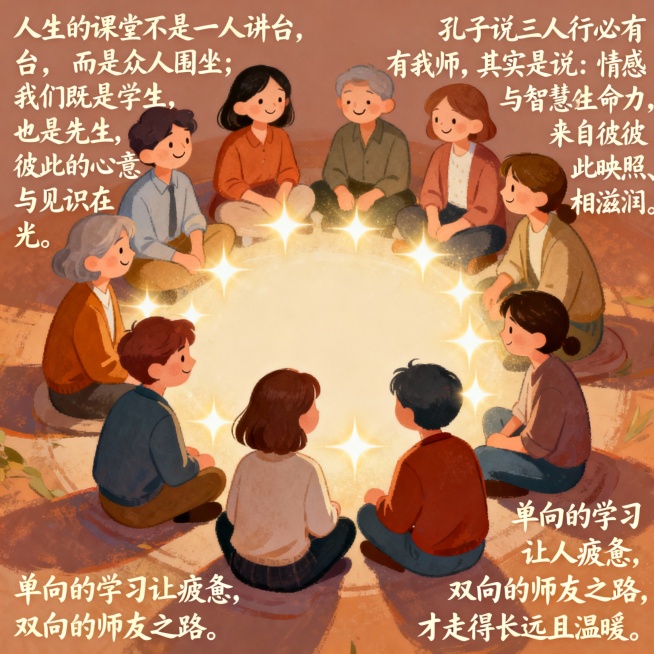 “人生的课堂不是一人讲台，而是众人围坐；我们既是学生，也是先生，彼此的心意与见识在交流中闪光。”​
“孔子说三人行必有我师，其实是说：情感与智慧的生命力，来自彼此映照、互相滋润。”​
“单向的学习让人预览效果