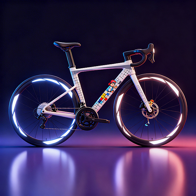 让轮子上的白色图案发光，换个暗色的高级背景，再将车身上的马赛克改成单车骑士