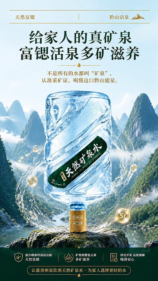 贵州泉饮用天然矿泉水详情页系列第九张：品牌压底·行动号召。竖版9:16，墨绿+金色+淡蓝留白品牌视觉体系。顶部保留双金线标签栏。主标题大字："给家人的真矿泉 · 富锶活泉多矿滋养"。副标："不是所有的水都叫'矿泉'，认准采矿证，喝懂这口黔山能量。"。画面主体：18L桶装水产品居中，通透明亮真实，标签LOGO保真，周围水花环绕带金色矿物感。背景是壮观的喀斯特峰林秘境，云雾缭绕，大气有品牌感。底部可有淡淡的行动引导感。整体大气稳重，情感共鸣，品牌收尾感强，高级有质感。画面中所有数字必须精确渲染。