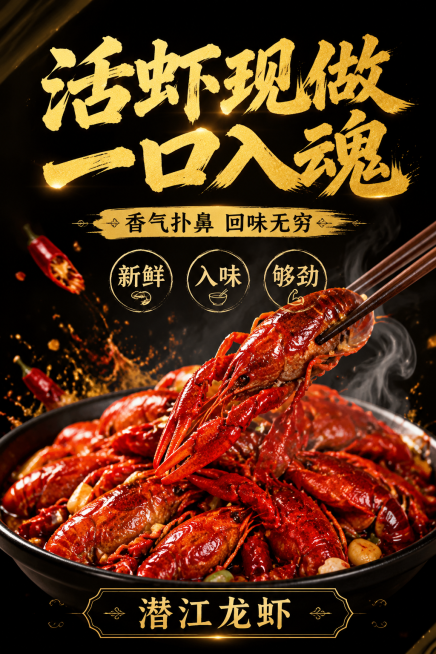 潜江小龙虾电商推广海报，参考图风格，黑色渐变背景，金黄色大字，红色小龙虾产品展示，文字内容分别主标题为"活虾现做 一口入魂"，副标题"香气扑鼻 回味无穷"，特点标签"新鲜""入味""够劲"，底部标注"预览效果