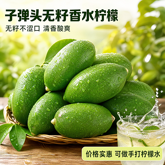 [主图-1] 子弹头无籽香水柠檬首图，突出新鲜食欲感和性价比
[氛围风格] 新鲜清爽自然果园风，拼多多风格大字直白突出性价比
[画质] 商业摄影质感、光线柔和通透、产品清晰真实、画面干净高级
[元素] 多颗新鲜带水珠的子弹头香水柠檬堆叠在画面中心，完整展示产品全貌，商品主体占比约70%，底部放置一杯手打柠檬水，有少量飞溅的水珠，背景融入朦胧果园绿意，保持子弹头无籽香水柠檬外观形状、果皮颜色质感与输入图片一致，杜绝任何变形和色差，精细化处理，画面满屏无边框
[光影] 自然暖阳逆光从背后穿过柠檬，突出果肉通透感，整体光线明亮清爽，水润光泽感强，高光不溢，暗部有层次
[配色] 主色调为自然清新果绿色，辅助色为米白色，简洁干净
[视角构图] 平视视角，主体居中，轮廓完整不裁切
[文字版式] 左上大字文案"子弹头无籽香水柠檬"，深绿色粗体无衬线，清晰醒目；下方小字"无籽不涩口 清香酸爽"，约一半字号，同色系；右下角促销标签"价格实惠 可做手打柠檬水"，浅绿色底深绿色字；所有文字不遮挡产品主体，文字与背景对比强烈清晰可读
[比例分辨率] 1:1比例，4K分辨率，文字清晰锐利，超高清
[负向提示词] 变形，水印，文字错乱，产品图模糊，背景杂乱