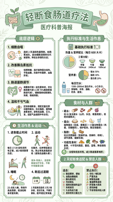 医疗科普海报，主题为"轻断食肠道疗法"，白绿色手绘简约扁平化风格，多使用图案元素，包含文案：底层逻辑 1. 细胞自噬：连续 2 天温和热量限制，给肠胃减负，启动细胞清理老化代谢废物，降低全身慢性炎症；预览效果