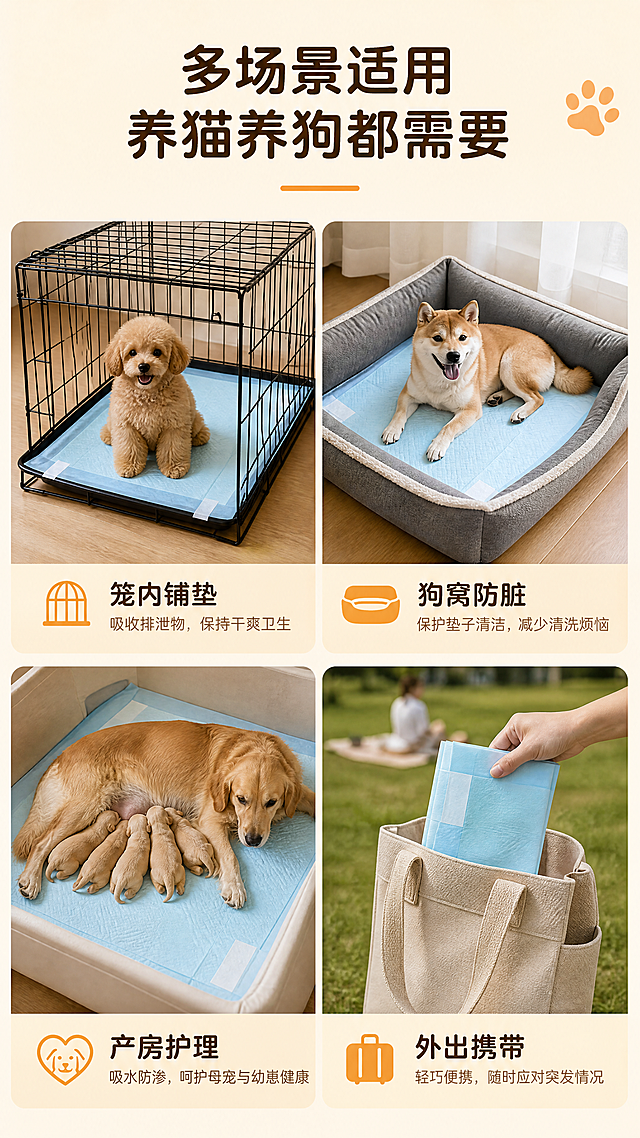 [第7屏] 多场景使用展示，展示宠物尿垫在不同场景的应用。四格拼图布局，分别展示笼内铺垫、狗窝防脏、产房护理、外出携带四个场景。本款尿垫保持浅蓝色外观和背胶设计与原图一致，每个场景都真实自然，突出使用便捷性。顶部主标题「多场景适用 养猫养狗都需要」，每个场景配短标题说明用途。浅米色温馨背景，9:16竖版，4K分辨率，文字清晰。负向提示词：尿垫变形，场景杂乱，文字模糊。