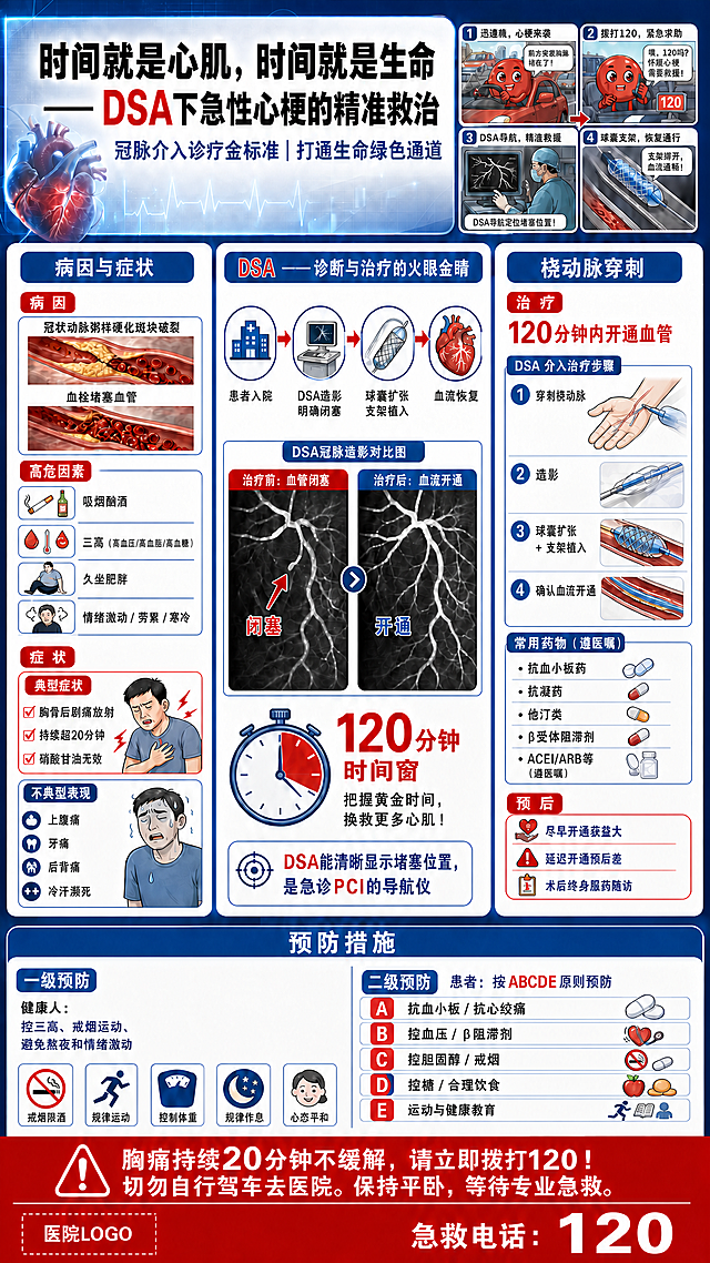 修改这张海报，将右侧栏的标题"治疗与预后"改为"桡动脉穿刺"，其余内容和整体布局保持不变