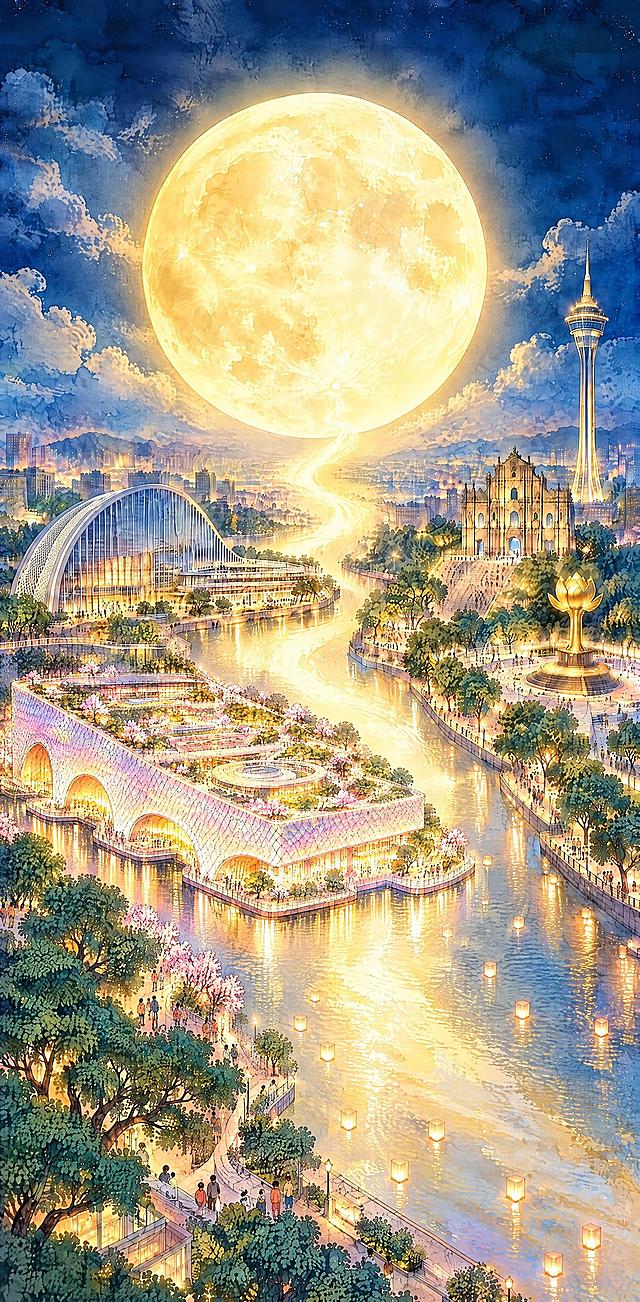 将图1的菱形网格外立面、带多个拱形门洞、屋顶有空中花园的大型现代文化建筑，缩小比例后完整放置在图2画面的左侧前景（靠近观者的河岸处），建筑尺寸适中不要过大，临水而建，底部有亲水平台，建筑融入月夜发光的夜景氛围，窗户透出暖黄色灯光，屋顶花园有灯光点缀；左侧后方的弧形流线型建筑保持不变，右侧的大三巴牌坊、澳门旅游塔、盛世莲花雕塑保持不变，保留中央大满月、金色发光河流、河灯、两岸绿树和人群、星空夜景，整体保持温暖梦幻的国潮水彩风格