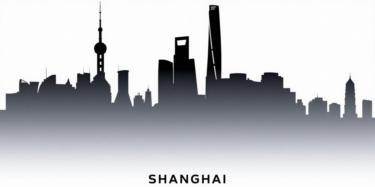 城市地标剪影风格插画，上海天际线，由一系列轮廓分明的标志性建筑剪影构成，包括东方明珠电视塔、上海中心大厦、环球金融中心、金茂大厦等，建筑轮廓从左至右逐渐排列，形成错落有致的城市天际线，整体采用从深灰色到浅灰色的渐变色调填充，背景为纯白色，底部中央位置标注“SHANGHAI”字样，字体为简洁的无衬线字体，字号适中，字重均匀，整体设计简洁明了，视觉层次清晰，能够在短时间内传达出上海作为现代化大都市……预览效果