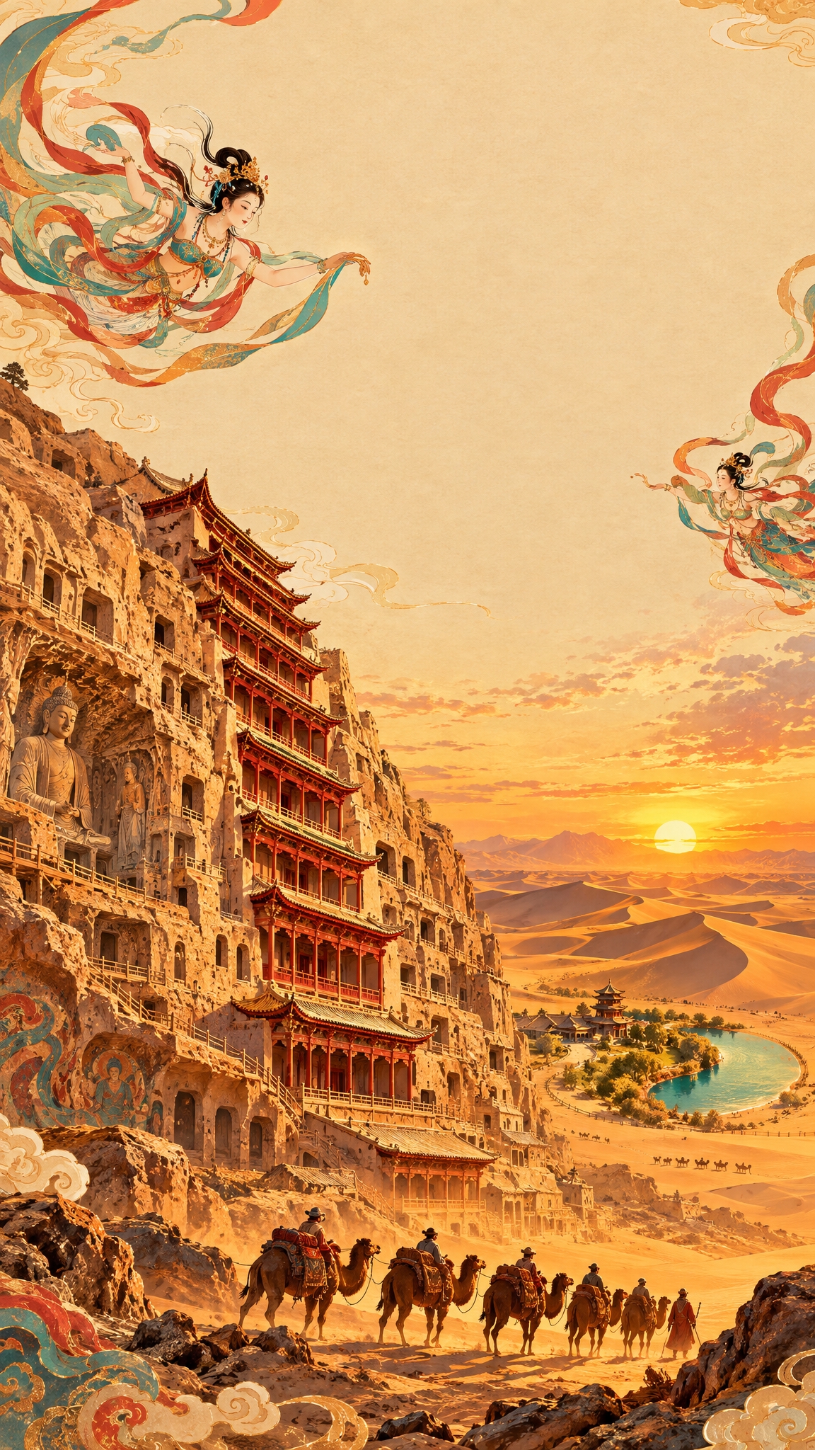 国庆主题中国风底图，敦煌莫高窟，沙漠中的石窟建筑群，崖壁上布满… - 图片创意预览