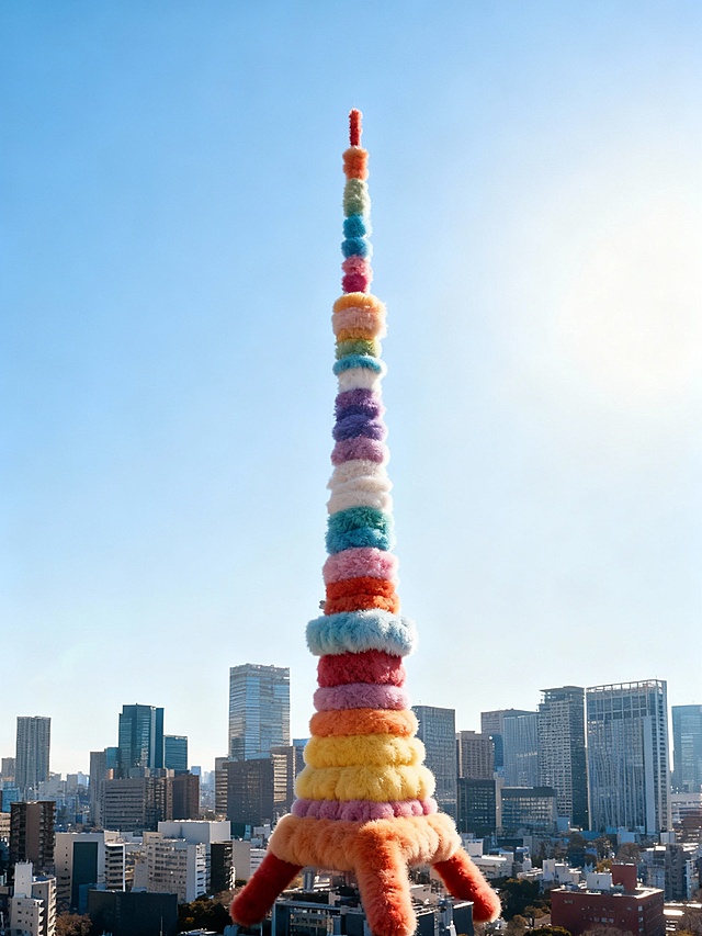 建筑整体呈现出全毛绒质感的风格，毛绒有层次感，毛绒颜色为彩虹色调。建筑保留原始形状，各个部分都如同被柔软的毛绒材质精心包裹，水平矫正