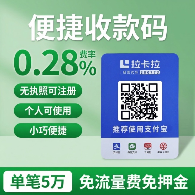 电商主图设计，浅绿色渐变背景，顶部大字标题'便捷收款码'，下方大号绿色字体突出显示'0.28%'费率，左侧三个绿色圆角标签分别标注'无执照可注册'、'个人可使用'、'小巧便捷'，右侧放置收款码产品图，预览效果