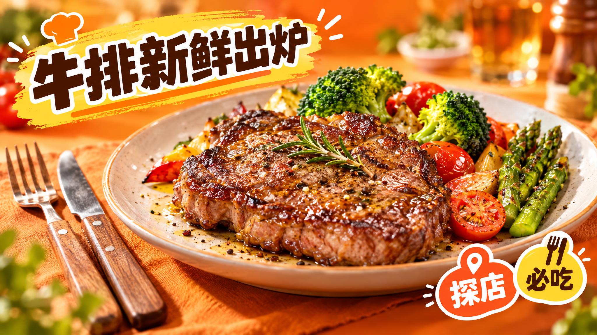 活力美食风格，暖橙色背景，画面中心是一盘色泽诱人的牛排，牛排表… - 图片创意预览