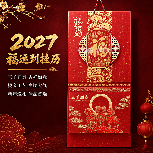 [主图-1] 产品身份首图，展示2027年福运到三羊开泰挂历整体外观与吉祥寓意。
[统一基调] 国潮新中式喜庆风格，中国红为主色调，烫金文字点缀，深红木色渐变背景，主标题用金色粗体书法字，辅助文字用白色宋体，整体大气高端有年味。
[画面] 挂历正面完整展示，居中偏右放置，占画面约65%，挂历顶部红绳悬挂自然下垂，挂历上半部分福字烫金工艺清晰可见，下半部分三羊开泰图案完整呈现。左侧留白区域放置主标题和卖点。背景为深红色渐变，底部有淡淡的祥云纹理装饰，左上角点缀金色梅花枝，右下角有金色灯笼小装饰，营造新年喜庆氛围。
[光影质感] 商业摄影质感，正面柔光均匀打亮挂历，烫金部分有明显金属光泽反光，红色纸面有细腻纸张纹理，挂历边缘有自然厚度感，底部有轻微投影增加立体感。
[配色] 主色中国红，辅色烫金，文字金色+白色，背景深红渐变，整体喜庆大气。
[文字版式] 左上角主标题金色大字"2027福运到挂历"，下方三行白色小字卖点："三羊开泰 吉祥如意"、"烫金工艺 高端大气"、"新年送礼 佳品首选"，文字左对齐，不遮挡挂历主体。
[输出要求] 1:1正方形，2048*2048，挂历清晰完整，文字清晰可读，画面干净有质感。负向：变形、错字、模糊、杂乱、水印、平台Logo、挂历破损、颜色偏差。