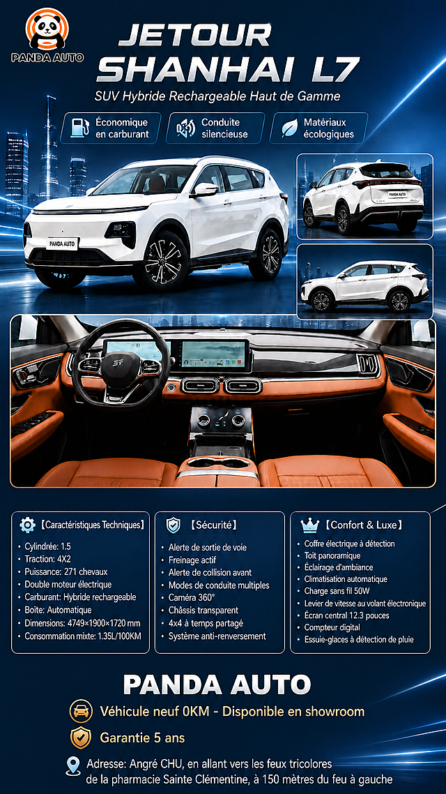 将这张JETOUR SHANHAI L7海报最底部的PANDA AUTO展厅建筑照片完全去掉，该区域改为与海报整体一致的深蓝色背景，保持背景风格统一。底部的文字信息（PANDA AUTO、Véhicule neuf 0KM - Disponible en showroom、Garantie 5 ans、Adresse地址文字）保留并重新排版在深蓝色背景上，清晰可读。海报其余所有内容（主视觉车辆、其他小图、所有法语文案、配置信息、LOGO、上部版式布局）全部保持不变。画面中所有数字精确渲染不得错位，所有法语文案保持不变。