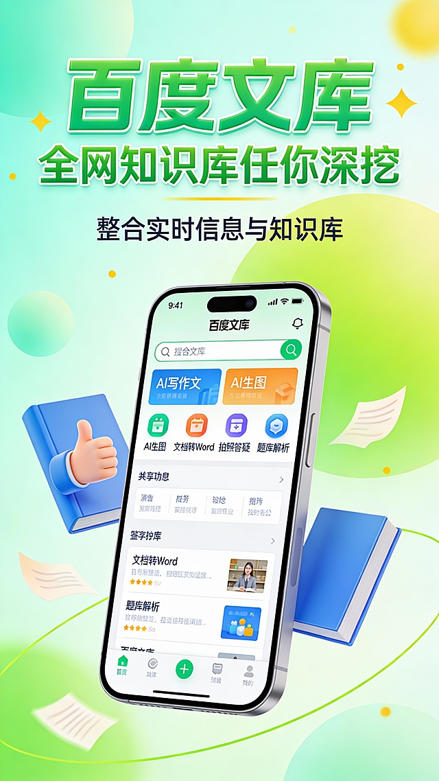 这是一张竖版手机应用推广广告图，采用清新活力的扁平化插画风格。主色调为薄荷绿与亮绿色渐变背景，搭配白色、黄色点缀，营造轻松高效的科技感。画面中心是一部智能手机，屏幕清晰展示“百度文库”App界面，包含“AI写作文”、“AI生图”、“文档转Word”“拍照答疑”“题库解析”等丰富功能图标及搜索栏，功能区排布清晰有序。上方是超大号绿色立体字“百度文库”，配以“全网知识库任你深挖”主标语，下方辅以“整合实时信息与知识库”的说明文字，并加入点赞手势和两本蓝色书本作为装饰元素，书本旁点缀淡色书页飘带动效。构图上，手机居中突出，文字分层排布于顶部与中部，视觉引导流畅。背景运用柔和的圆形色块与动态曲线，增强空间感与动感。整体设计强调信息密度与视觉亲和力，旨在直观传达产品功能强大、操作便捷的核心卖点。