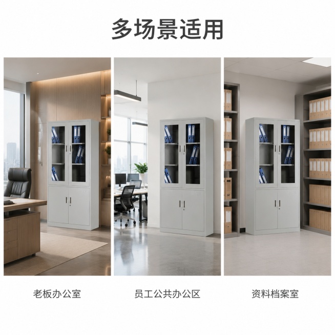 [主图-4] 展示文件柜多场景适配性，突出百搭特性。
[氛围风格] 商务简约，不同场景保持产品一致性
[画质] 商业摄影质感，光线柔和通透，产品清晰真实，画面干净高级
[元素] 保持文件柜外观材质颜色预览效果