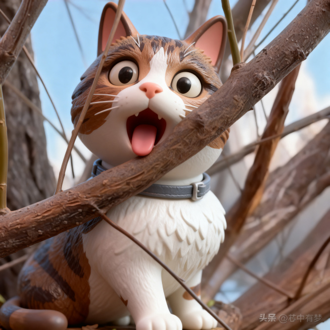 把这只惊讶表情的猫咪转换为精致手办，保留猫咪表情和树枝场景，制作出质感细腻的3D手办效果预览效果