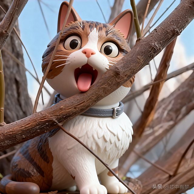 把这只惊讶表情的猫咪转换为精致手办，保留猫咪表情和树枝场景，制作出质感细腻的3D手办效果