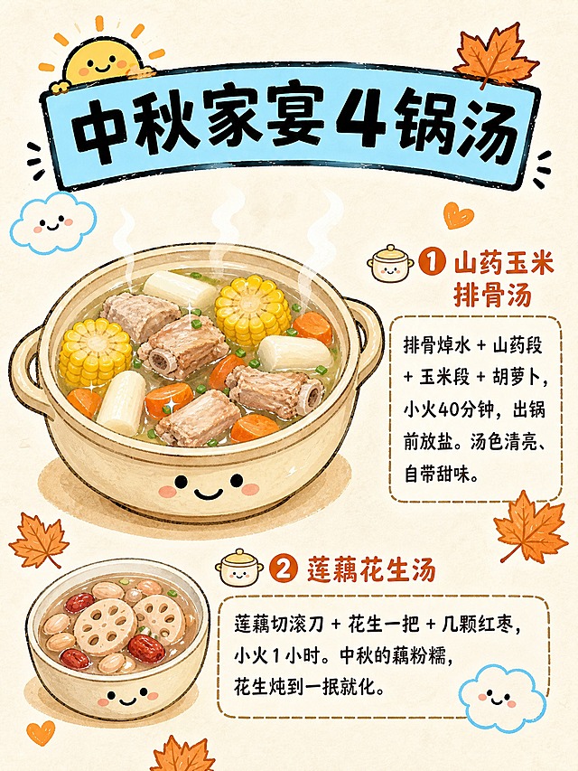 参考图的手绘卡通插画风格、米白纸质纹理背景、配色体系和装饰语言整体保留，将内容替换为「中秋家宴4锅汤」第1-2道汤品食谱卡片。顶部保留「中秋家宴4锅汤」大标题浅蓝色横幅。画面主图是一锅砂锅山药玉米排骨汤，作为唯一视觉焦点，汤里有排骨、山药段、玉米段、胡萝卜，汤色清亮，冒着热气，带可爱笑脸，位于画面中央。画面右侧和下方是两道汤的文字说明：🍲 ❶「山药玉米排骨汤」——文字「排骨焯水 + 山药段 + 玉米段 + 胡萝卜，小火40分钟，出锅前放盐。汤色清亮、自带甜味。」；🍲 ❷「莲藕花生汤」——文字「莲藕切滚刀 + 花生一把 + 几颗红枣，小火1小时。中秋的藕粉糯，花生炖到一抿就化。」。左下角有一个小角标小图，是莲藕花生汤的缩略小图。四周点缀枫叶、小爱心、云朵笑脸等装饰贴纸。整体暖米白+暖橙+棕黄色调，中秋家宴温馨食谱氛围。版式精美，四周留安全边距，信息层级分明。画面中所有信息区域必须填充完整合理的内容，不得出现空白框。画面中必须完整呈现以下文字：「中秋家宴4锅汤」、「🍲 ❶ 山药玉米排骨汤 排骨焯水 + 山药段 + 玉米段 + 胡萝卜，小火40分钟，出锅前放盐。汤色清亮、自带甜味。」、「🍲 ❷ 莲藕花生汤 莲藕切滚刀 + 花生一把 + 几颗红枣，小火1小时。中秋的藕粉糯，花生炖到一抿就化。」。画面中所有数字必须精确渲染。