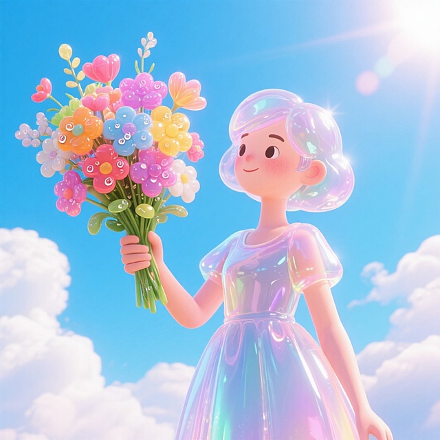 手举一大把鲜花，背景夏日的天空