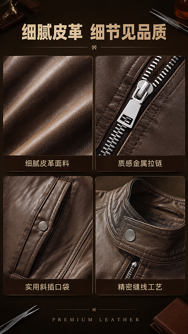 [第3张] 详情页面料与细节-棕色立领机车皮夹克面料与细节特写。本张使用【图1】作为商品主体。
[氛围/风格] 精致复古质感，微距细节摄影风，品质工艺氛围，高级硬朗感。
[元素布局] 采用2×2宫格布局展示四个细节特写：左上为皮革面料微距（展示细腻皮革纹理与自然光泽），右上为银色拉链特写（展示拉链质感与金属光泽），左下为斜插口袋特写（展示口袋缝线与按扣细节），右下为立领按扣工艺特写；背景为深棕色台面+金属镊子+暖光道具；保持面料颜色、皮革质感与输入图一致。
[光影质感] 侧上方暖光打亮皮革纹理，突出面料层次和拉链金属质感，每个宫格内有自然阴影，质感真实细腻。
[配色色系] 全局底色 #251A0F 深棕褐色；主色棕色皮革面料；辅助色银色拉链、金属工具；点缀色暖光高光。
[视角构图] 四宫格对称布局，顶部标题区，每格下方配短标签，阅读动线清晰。
[文字版式] 版式为顶部大标题+四宫格细节图+每图下方标签。主标题「细腻皮革 细节见品质」，粗黑体大字居中；每格下方小字标签：「细腻皮革面料」「质感金属拉链」「实用斜插口袋」「精密缝线工艺」；底部一行小字英文「PREMIUM LEATHER」。
[比例分辨率] 9:16 竖版比例，2K分辨率，文字清晰可辨，高清画质。
[负向提示词] 面料失真，颜色偏差，水印，文字错乱，面料纹理不清。