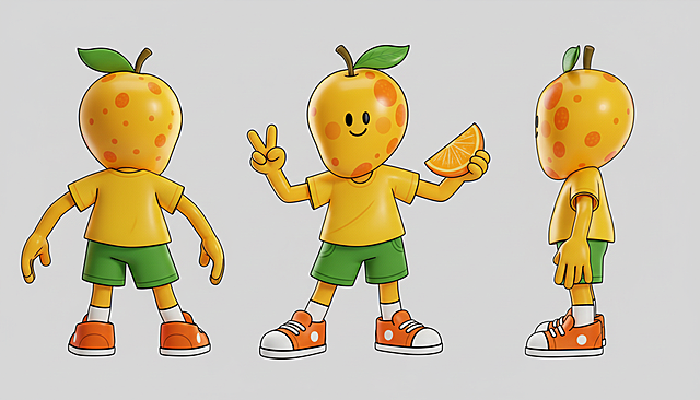 生成画作的3D潮玩风格的三视图，需要包含正面/背面/侧面视角，纯色背景