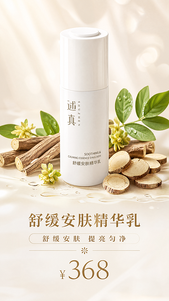 [第4屏] 舒缓安肤精华乳产品展示区块
[氛围风格] 高端美妆品牌风格，米白色主色调，商业摄影，4K超高清，柔和光晕，瓶身晶莹剔透
[元素布局] 舒缓安肤精华乳产品位于本区块中央，保持瓶身外观、结构、包装文字与输入产品图完全一致，不改变形状和文字内容。区块宽高比为2:3，上下分布：产品主体占上2/3，文字信息占下1/3。背景延续米白色，搭配胀果甘草原料装饰元素，保留柔和光晕
[光影质感] 左侧柔光打亮瓶身，高光突出瓶体质感，整体柔和干净
[配色色系] 全局底色：#F5F0E8（米白）；文字：金色/棕褐色，保持与整体一致
[视角构图] 正面平视，产品位于区块中心，构图饱满无留白
[文字版式] 上方产品，下方依次标注：主标题"舒缓安肤精华乳"，价格"¥368"，核心功效"舒缓安肤 提亮匀净"，文字层级清晰，主标题粗体，价格醒目，功效字号适中，文字清晰不变形
[比例分辨率] 9:16竖版，4K超高清，文字清晰可辨
[负向提示词] 瓶身变形，文字变形，文字错乱，结构错误，多余留白，背景杂乱