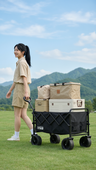8K画质，超高清细节，照片级真实感，商业产品摄影，户外露营场景， 一位年轻东亚女性，黑色长发扎成马尾，身穿米白色休闲短袖衬衫和卡其短裤，搭配白色袜子与运动鞋，面带微笑，正向左后侧行走，右手拉着一辆黑色预览效果