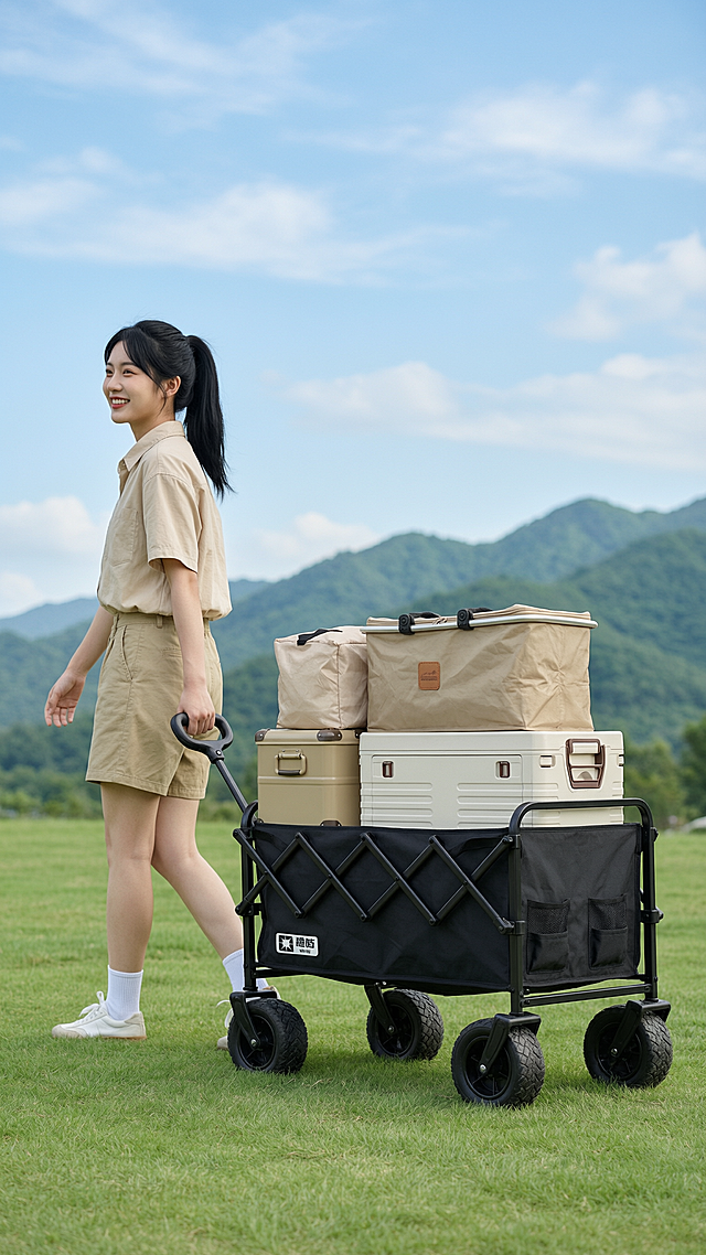 8K画质，超高清细节，照片级真实感，商业产品摄影，户外露营场景， 一位年轻东亚女性，黑色长发扎成马尾，身穿米白色休闲短袖衬衫和卡其短裤，搭配白色袜子与运动鞋，面带微笑，正向左后侧行走，右手拉着一辆黑色露营推车，黑色牛津布材质，黑色金属交叉折叠车架，大尺寸黑色橡胶全地形轮，侧面印有白色logo， 推车上从左到右依次摆放：卡其色金属收纳箱、卡其色帐篷包、米白色收纳箱， 背景：明亮的蓝天与柔和白云，远处是层叠的青绿色山峦，前景是翠绿的草坪，柔和的自然光，整体氛围清新明亮， 构图：平视斜角拍摄，推车位于画面中右侧，人物在画面左侧， 光线：柔和的自然日光，曝光均匀，无生硬阴影，色彩鲜活自然， 风格：干净清新的商业产品摄影，重点突出推车的大容量与户外实用性，推车为视觉焦点清晰，背景山峦轻微虚化，写实风格，细节拉满。参考原图中露营推车的样式进行生成。