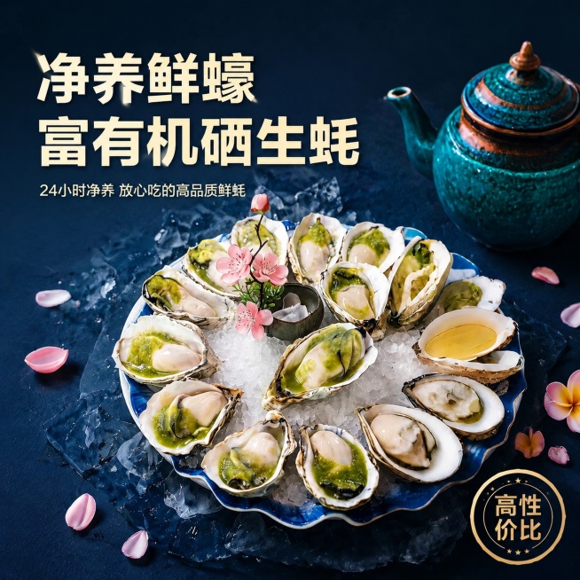[主图-1] 净养鲜蚝·富有机硒生蚝首图场景展示。
[氛围风格] 高端生鲜电商视觉，清新有食欲
[画质] 商业摄影质感、光线柔和通透、产品清晰真实、画面干净高级
[元素] 冰镇处理好的带壳生蚝盛放在蓝预览效果
