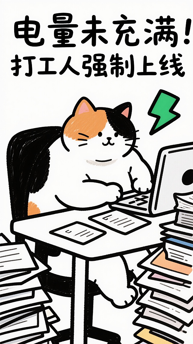 可爱卡通风格，拟人化猫咪办公，幽默表达打工人的无奈与坚持。