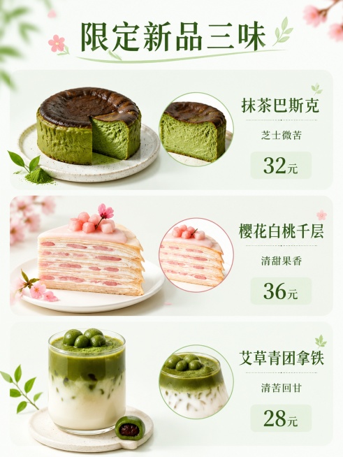 [第2屏] 口味矩阵总览页，三款春日新品并列展示。
[氛围/风格] 简约清爽信息展示风，明亮干净，商业摄影质感。
[元素布局] 页面三栏分区，每栏分别放置一款甜品：上栏抹茶巴斯克，中栏樱花白桃千层，下预览效果