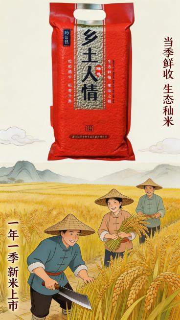 中式风籼米商品详情页，展示一年一季的新米收获场景，农民喜悦收割稻谷，结合传统农耕文化元素，国风插画风格，突出产品新鲜度预览效果