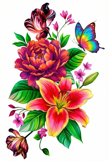 更换现有玫瑰花为品种不同、颜色更鲜艳的花朵，在花束空白处添加一只彩色渐变的蝴蝶，保留纯白色背景和原竖版花束构图，整体色彩更艳丽生动预览效果