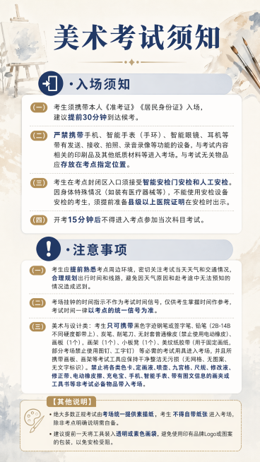 美术考试须知

·入场须知

（一）考生须携带本人《准考证》《居民身份证》入场，建议提前30分钟到达候考。

（二）严禁携带手机、智能手表（手环）、智能眼镜、耳机等带有发送、接收、拍照、录音录像等功能预览效果