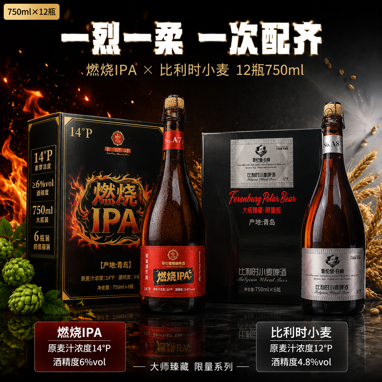 菲伦堡精酿啤酒双口味组合装电商主图，1:1正方形。 [氛围风格… - 图片创意预览