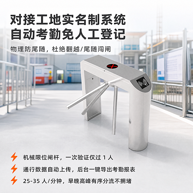 [主图-3] 对接工地实名制系统功能场景展示主图
[氛围风格] 专业工程设备风格，突出高效便捷特性
[画质] 商业摄影质感、光线柔和通透、产品清晰真实、画面干净高级
[元素] 保持三辊闸外观（物理结构、材质质感、颜色）与输入产品图绝对一致，杜绝任何变形和色差，精细化处理。产品主体放置在画面上半部分，下半部分预留文字信息区域。背景采用简洁浅灰色工地门口场景虚化处理，营造真实使用氛围。画面满屏无边框设计。
[光影] 自然光效果，光线均匀，产品清晰突出，背景虚化自然，整体明亮通透
[配色] 主色调产品银色+浅灰色背景，主文字深灰，卖点图标使用橙色点缀，对比清晰
[视角构图] 斜侧平视视角，展示产品在实际出入口场景中的应用，主体突出，背景虚化，景深合理
[文字版式] 顶部主标题"对接工地实名制系统 自动考勤免人工登记"，副标题"物理防尾随，杜绝翻越/尾随闯闸"，字体大小对比明显。下方分三行排列功能卖点，每个卖点前带橙色闪电图标：⚡机械限位闸杆，一次验证仅过 1 人 ⚡通行数据自动上传，后台一键导出考勤报表 ⚡25-35 人/分钟，早晚高峰有序分流不拥堵。每行卖点图标+文字左对齐，排版整齐清晰，文字不遮挡产品主体，保证可读性。
[比例分辨率] 1:1比例，4K分辨率，文字清晰锐利，超高清画质
[负向提示词] 变形，水印，文字错乱，产品图模糊，背景杂乱，场景失真，遮挡主体