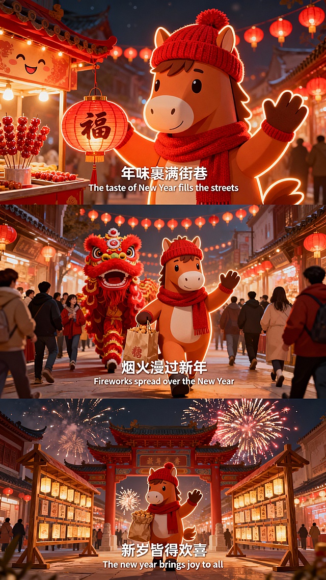 国潮风插画，拟人马儿穿梭灯火阑珊的中式街巷，软3D质感搭配霓虹灯与粒子烟花，喜庆卡通感满溢，年味十足。