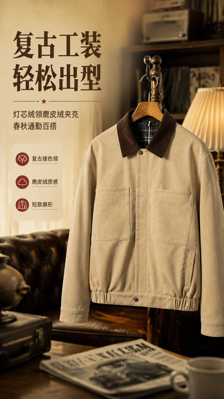 [商品] 使用【图1】卡其色灯芯绒领麂皮绒夹克；商品处理：保留… - 图片创意预览